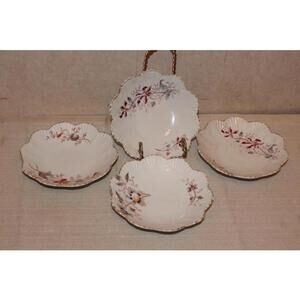 Antique Fruit Dessert Bowls Painted Transfer Flowers - Set of 4